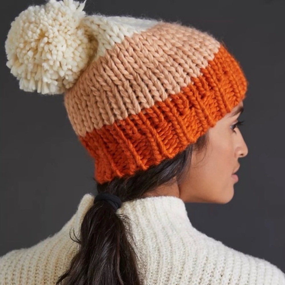 Anthropologie Colorblock Pom Beanie Orange Tan Cream Chunky Knit New with Tags!